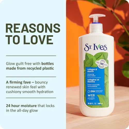 Vista 8 de St. Ives Loción renovadora de manos y cuerpo para mujeres con bomba, hidratante diario colágeno elastina para piel seca, hecha con humectantes 100%