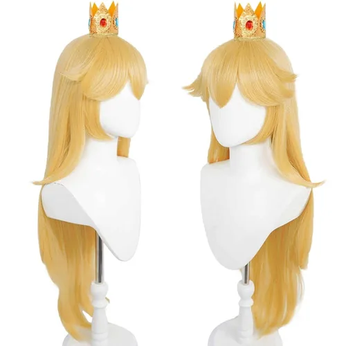 Vista 3 de JoneTing 9 piezas de peluca rubia de princesa para cosplay+ gorro de pelo + juego de accesorios de princesaPeluca rubia melocotón príncipes disfraz