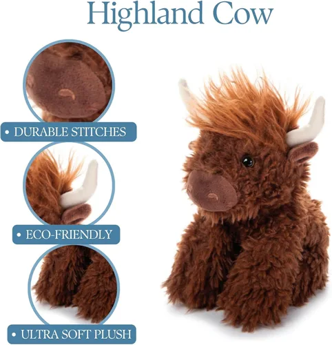 Vista 6 de The Petting Zoo Highland Cow Peluche de peluche, regalos para niños, animales salvajes de la vida silvestre, vaca marrón, 9 pulgadas