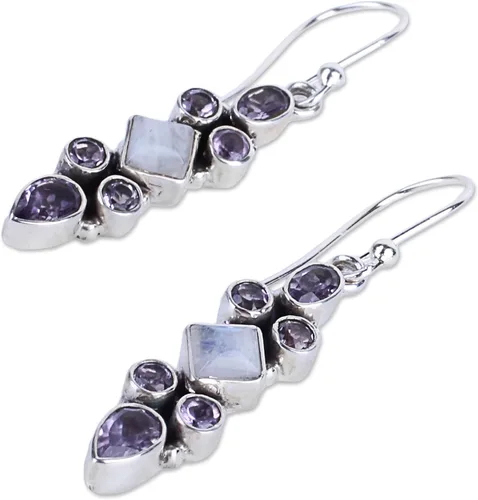 Vista 2 de NOVICA Aretes colgantes hechos a mano de plata de ley 925 con piedra lunar arcoíris y amatista de la India con piedra natal púrpura transparente 1.8