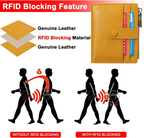 Vista 5 de FALAN MULE Billeteras pequeñas para mujer, con bloqueo RFID, delgada, plegable, de cuero, con cremallera, monedero, AP-amarillo, Minimalista