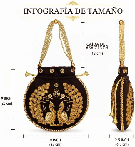 Vista 4 de Bolsa de terciopelo bordada para mujer, bolsa con cordón, regalo de boda dorado para mujer Negro