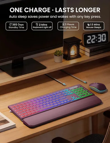 Vista 4 de Wireless Keyboard and Mouse Combo, RGB Backlit, Rechargeable & Light Up Letters, Full-Size, Soft Typing, Sleep Mode, 2.4GHz Quiet Keyboard Set for
