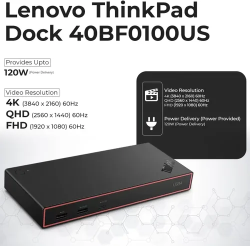 Vista 3 de Lenovo 40BF0100US USB4 Docking Station for Laptops with 100W Adapter, HDMI, DisplayPort, USB C Cables & Cloth - Docking Station