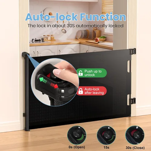 Vista 3 de HAMOPY Puerta retráctil para bebé, 33 pulgadas de alto, se extiende hasta 55 pulgadas de ancho, puertas de bebé duraderas con bloqueo automático