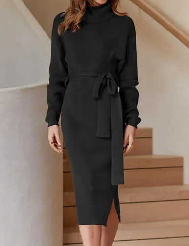 Vista 45 de ZESICA - Vestido por debajo de la rodilla de suéter, de cuello alto, para mujer, de manga larga, de punto acanalado, con abertura y cinturón