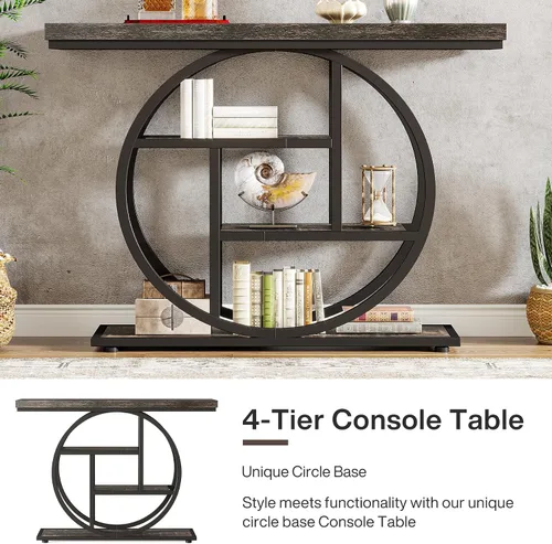 Vista 5 de Tribesigns Mesa de Consola de 41.3", Mesa Industrial de 4 Niveles para Sofá Mesa de Entrada con Base Circular, Mesas de Acento de Madera Estrechas