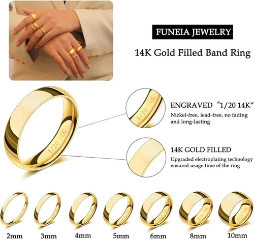 Vista 4 de FUNEIA Anillo de oro de 14 quilates para mujeres y hombres, 0.079 in, 0.118 in, 0.157 in, 0.197 in, 0.236 in, 0.315 in, 0.394 in, anillos de boda