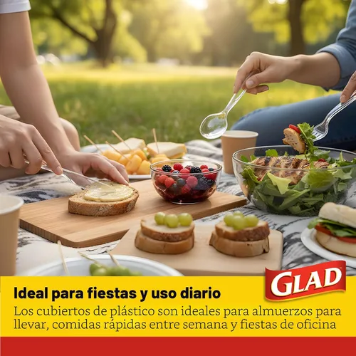 Vista 4 de Glad Juego de cubiertos desechables transparentes con tenedores, cuchillos y cucharas de plástico resistente, utensilios de plástico reutilizables