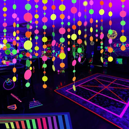 Vista 2 de Serpentinas de guirnalda de papel de neón redondas UV de 115 pies, decoraciones de luz negra para suministros de fiestas que brillan y decoraciones
