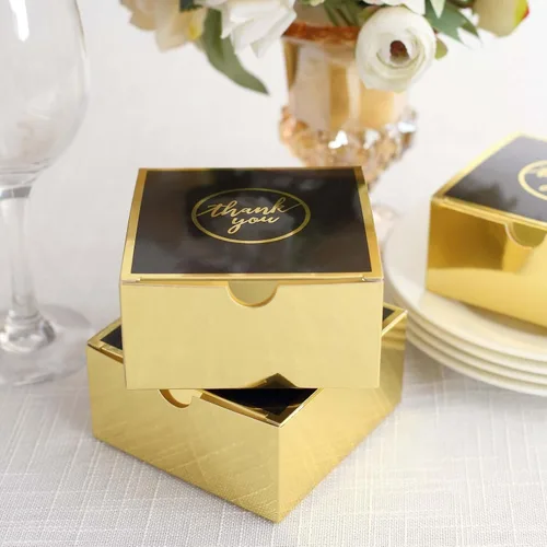 Vista 8 de Efavormart - Paquete de 25 cajas de regalo impresas en oro negro con texto en inglés "Thank You", 4 x 4 x 2 pulgadas, cajas de regalo de cartulina