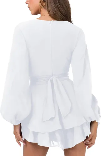 Vista 3 de Nova In Sky vestido corto y sexy con cuello en V para mujer, con mangas largas y holgadas, lazo en la cintura y dobladillo con volantes, vestido