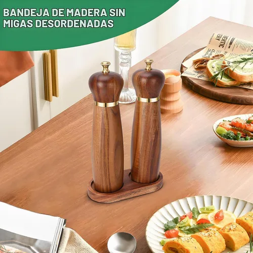 Vista 3 de Juego de molinillo de sal y pimienta de madera de acacia con base, molinillo de pimienta manual de 8 pulgadas con grosor ajustable, juego de 2