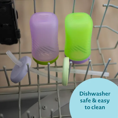 Vista 6 de The First Years Squeeze & Sip - Vaso con popote de silicona, color verde y morado Spill-Proof Toddler Training Cups, Dishwasher Safe, 7 oz, 2