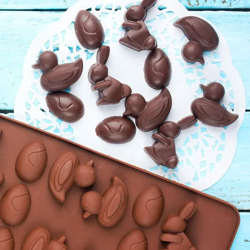 Vista 5 de Whaline 4 paquetes de moldes de silicona para huevos de Pascua, moldes de chocolate, conejo, conejo, pato, cesta de resina, molde de caramelo
