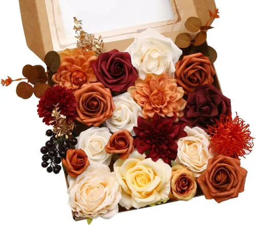 Vista 9 de Caja de flores artificiales azul marino, rosas de dalias de seda con tallos para manualidades, ramos de boda, centros de mesa, arreglos, decoración
