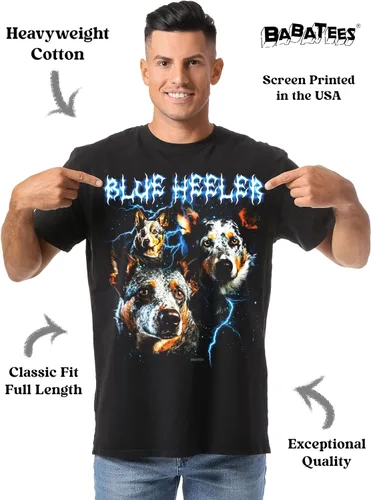 Vista 2 de Heavy Metal 80s Animal Black Camiseta - 100% algodón - para hombre y mujer azul (Blue Heeler)