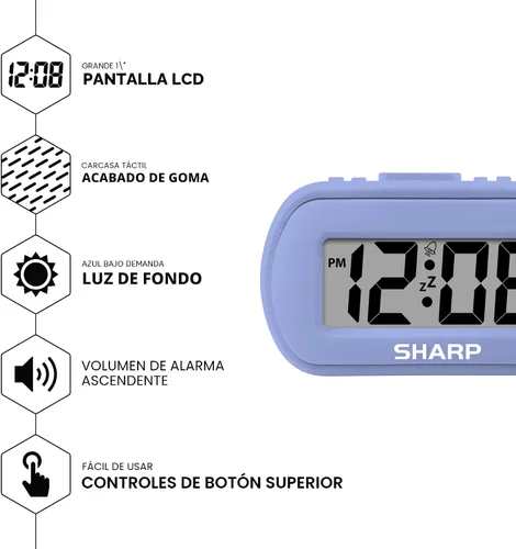 Vista 3 de Sharp - Reloj despertador con batería con funda suave al tacto y retroiluminación azul, lavanda