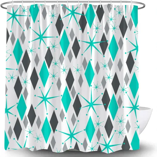 Vista 3 de Mid Century Shower Curtain Modern Blue Grey Abstract Geometric Atomic Vintage 1950s 60s Minimalist Retro Boho Fabric Curtain with Hook