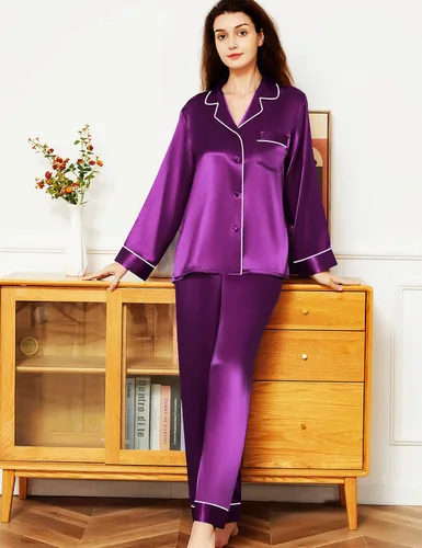Vista 3 de ZKAIER Conjunto de pijama para mujer, de satén de seda, suave, de manga larga, con botones, conjunto de pijama de dos piezas