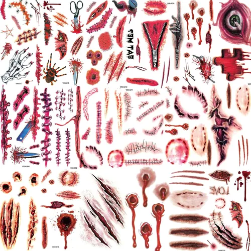 Vista 2 de Billzar - Juego de 138 piezas de tatuajes de cicatrices falsas de Halloween para hombres, adultos, mujeres y niños, kit de maquillaje de zombi, 18