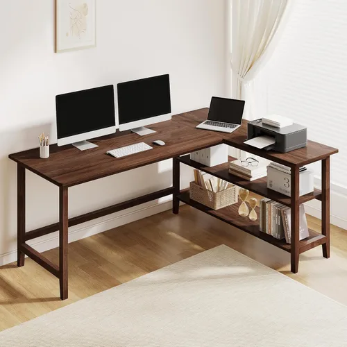 Vista 10 de IOTXY Escritorio de oficina reversible en forma de L, mesa de computadora compacta de 45 pulgadas con estantes de almacenamiento, patas de madera