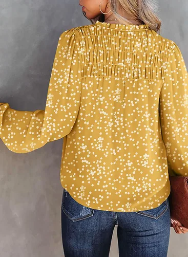 Vista 5 de Dokotoo - Camisetas de gasa para mujer, manga larga con fruncidos, cuello en V, estampado floral, blusa tipo Alicia, estilo informal y bohemio