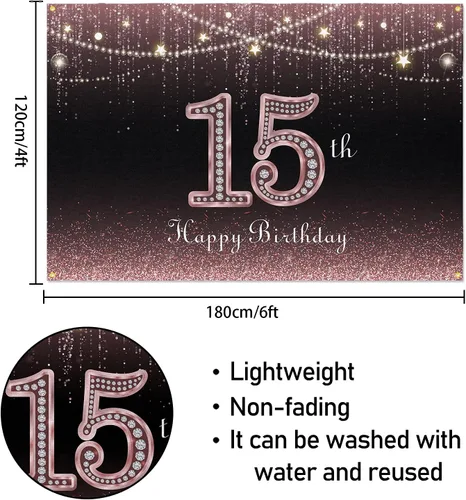 Vista 2 de HAMIGAR Fondo de pancarta de feliz cumpleaños número 15 de 6 x 4 pies, decoraciones de cumpleaños de 15 años, suministros de fiesta para mujeres