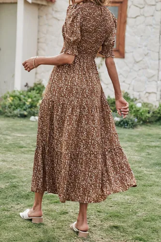 Vista 120 de BTFBM Vestidos para mujer, cuello redondo, casual, de verano, con volantes, manga corta, bohemio, con niveles, fruncido, largo, con estampado floral