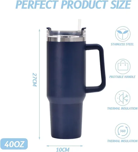 Vista 2 de Botella de agua aislada de acero inoxidable de 40 onzas con tapa con pajilla, vaso aislado al vacío de acero inoxidable con asa, vasos aislados Negro