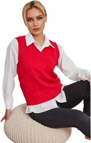 Vista 3 de Fisoew Suéter de punto sin mangas con cuello en V para mujer, estilo casual