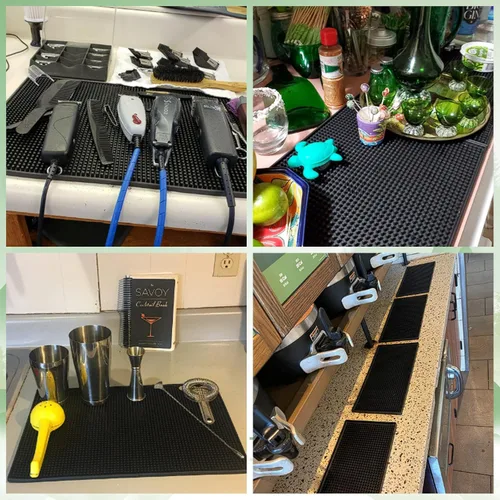 Vista 4 de Tapete de peluquero de goma y tapete de bar de 18 x 12 pulgadas, tapete de herramientas de peluquería, cortaúñas eléctricas antideslizantes de PVC