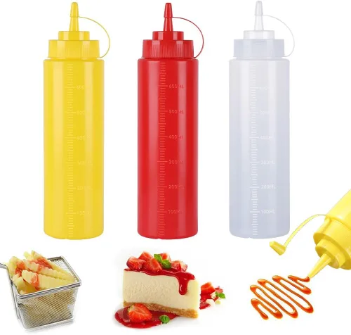 Vista 21 de Botellas de plástico de 3 colores de 12 onzas, botellas para apretar condimentos, botella multiusos para salsa de tomate, aceite, mermelada, salsa