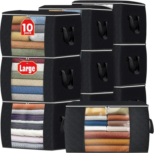 Vista 17 de Fab totes Paquete de 3 bolsas de almacenamiento plegables de tela gruesa, contenedores para organizar dormitorio, armario, ropa, edredón, Beige