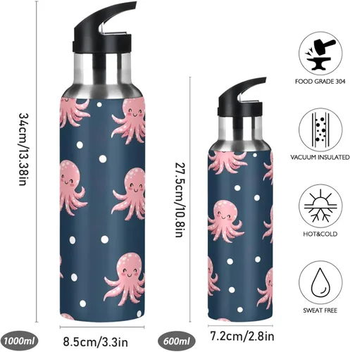 Vista 2 de Cute Pink Cartoon Octopuses Stainless Steel Water Bottle 32 Oz, BPA-Free Sport Water Bottle Insulated Leakproof Water Bottles