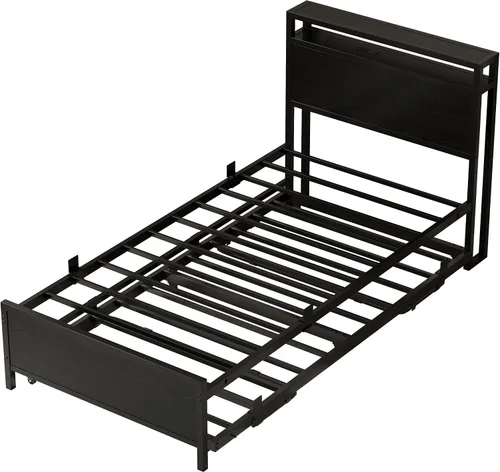 Vista 8 de IRONCK Twin Daybed with Trundle Bed & Storage Headboard & Charging Station Sturdy Metal Twin Bed Frame, Space-Saving Pop Up Trundle Bed for