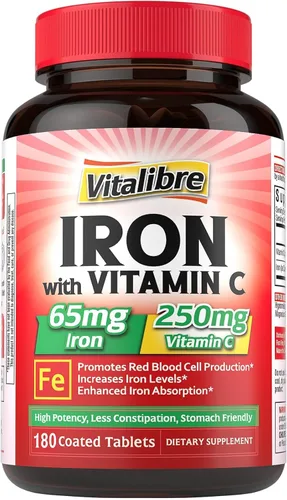 Vista 8 de Suplemento de hierro, 65 mg de hierro carbonilo con 250 mg de vitamina C, píldoras de hierro amigables con el estómago para mujeres y hombres, alta