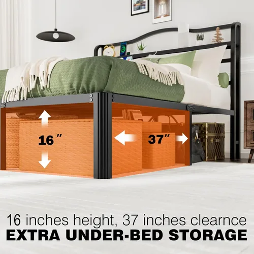 Vista 5 de Base de cama Individual XL con cabecera, base de colchón de metal, armazón de cama de 18 pulgadas de alto, no necesita somier, base de cama de 46 cm