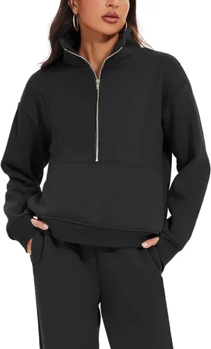Vista 2 de PEHMEA Conjunto de 2 piezas para mujer, sudadera suelta con cuello vuelto y pantalones cortos con cordón