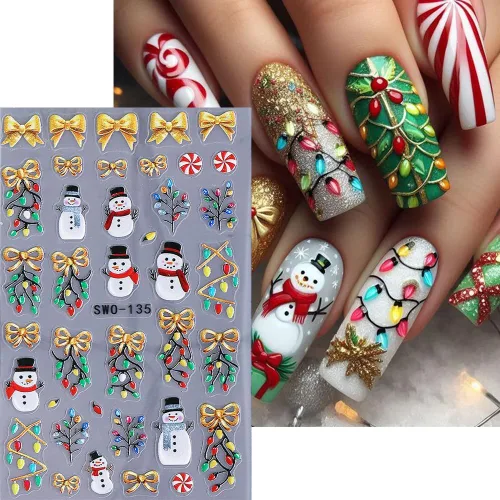 Vista 8 de Calcomanías de uñas de Navidad, calcomanías de uñas de invierno 3D, autoadhesivas, coloridas, cadena de luces, árbol de Navidad, reno, diseño