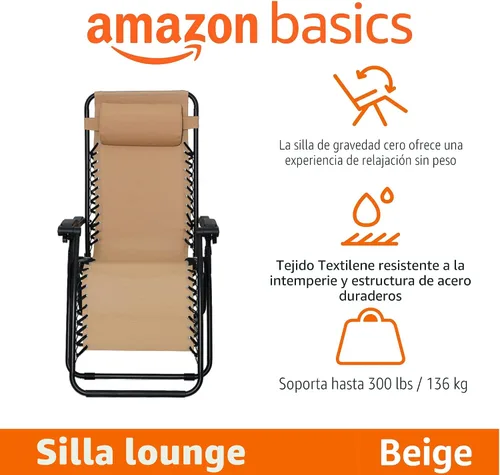 Vista 3 de Amazon Basics - Silla de patio para exteriores con gravedad cero, acolchada, reclinable, plegable y ajustable, con almohada, de Textilene, sillas