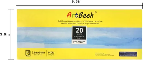 Vista 2 de Bloque de papel de acuarela, 3.9 x 9.8 pulgadas, bloque de acuarela, 20 hojas, 100% algodón, prensa en frío, 140 libras, 10.58 oz/m²