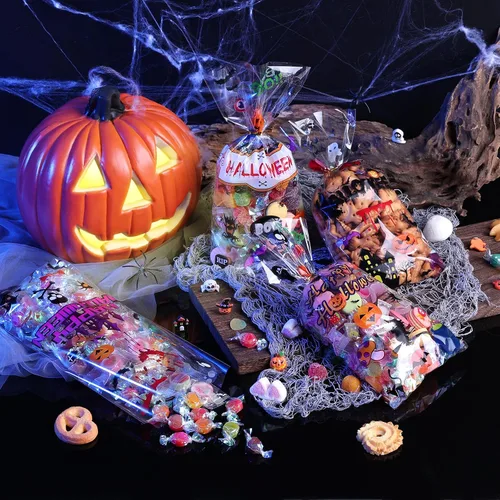 Vista 6 de JMANNI Bolsas de Celofán para Dulces de Halloween, 120 piezas Bolsas de Plástico Transparente para Halloween, Bolsas de Dulces con Murciélagos