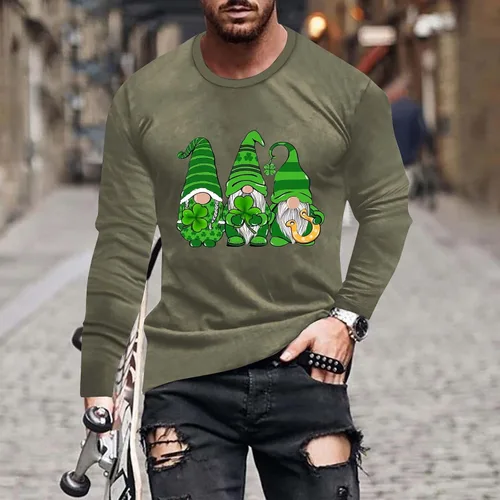 Vista 2 de Saint Patricks Day Shirts Men Long Sleeve Green Gnome Graphic Tee Shirt Loose Fit Lightweight Athletic Sweatshirt