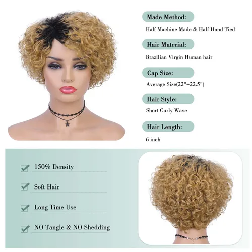 Vista 3 de Quantum Love Pelucas de cabello humano para mujeres negras, peluca de cabello humano corto y rizado con raya lateral, corte Pixie, cabello humano
