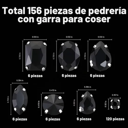 Vista 3 de WILLBOND 156 piezas de diamantes de imitación para coser con garra, diamantes de imitación de cristal con base plana, gemas con engaste de metal