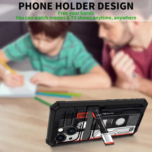 Vista 5 de Funda tipo cartera para iPhone 14 con soporte para tarjeta de crédito y soporte de doble capa de policarbonato duro de TPU suave para iPhone 14