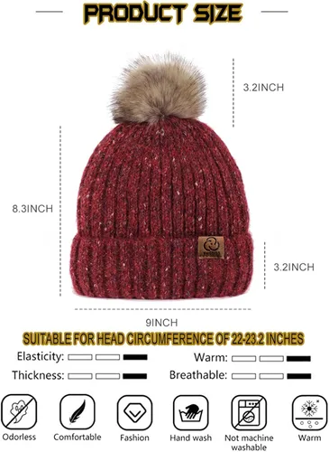 Vista 2 de photios Gorro de punto de invierno para mujer con pompón de piel sintética de punto cálido para mujer