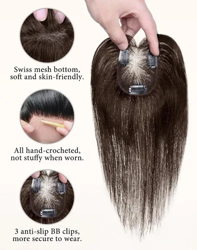 Vista 5 de Toppers de cabello humano real para mujer – 3603D cubierta con clip en flequillo para uso diario (marrón oscuro)
