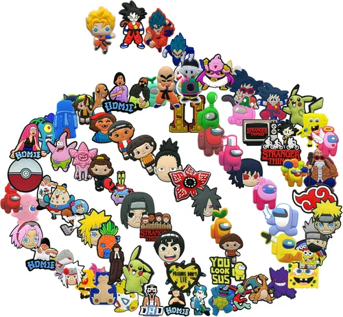 Vista 5 de Paquete de 100 bonitos dijes de anime al azar para niños y niñas, bonitos pines de zapatos de dibujos animados para decoración, pulseras, regalos